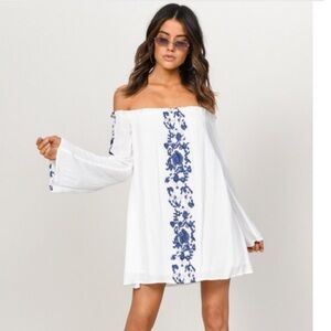 Off-Shoulder White and Navy Dress